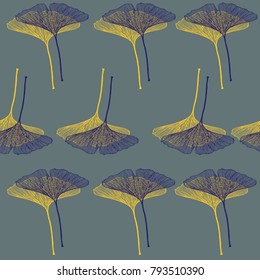 Ginkgo leaves vector in a gold, dark blue and gray color palette