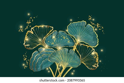 Ginkgo leaves watercolor and golden line art background, wall art, poster, banner, wall print, card vector design template