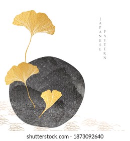 Ginkgo object with gold texture vector. Black texture with Japanese wave pattern. Card design in oriental style.