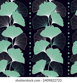 Ginkgo plant seamless pattern. Ginkgo biloba tree leaf outlines, silhouettes, vector illustration. Floral repeat pattern textile design, wallpaper.