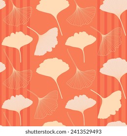 Ginkgo plant seamless pattern in trendy 2024 peach fuzz color palette. Ginkgo biloba tree leaf outlines, silhouettes, vector illustration. Floral repeat pattern textile design, wallpaper.