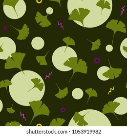 Ginkgo Seamless Pattern on dark background with cute circles and cartoon lightening. Vector illustration