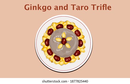 Ginkgo and Taro Trifle or Taro Ginkgo rice cake on plate with orange blackground. Isolated food realistic vector illustration.