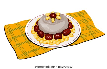 Ginkgo and Taro Trifle or Taro Ginkgo rice cake on plate with platelet on white  background. Isolated food realistic vector illustration.