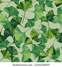 Ginkgo tree leaves vector seamless pattern in watercolor style. Green ginkgo leaves endless ormanetn for textile print. Gingo tree vivid green foliage.