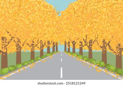 Ginkgo tree lined street scenery. vector illustration. 