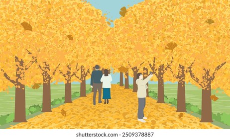 Ginkgo tree-lined street scenery. vector illustration. 