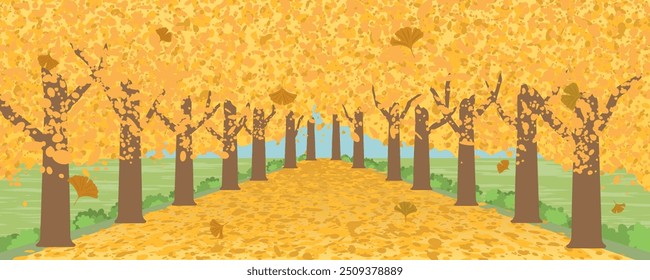 Paisaje de la calle arbolada de Ginkgo. Ilustración vectorial. 