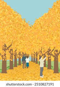 Ginkgo tree-lined street scenery. vector illustration. 