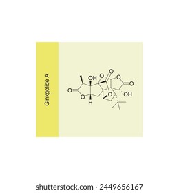 Ginkgolide A skeletal structure diagram.Diterpenoid compound molecule scientific illustration on yellow background.
