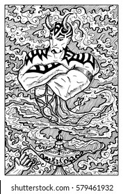 Ginn or Genie and magic lamp. Fantasy creatures collection. Hand drawn vector illustration. Engraved line art drawing, black and white doodle