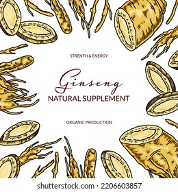 Ginseng colorful square design. Hand drawn botanical vector illustration in sketch style. 

Can be used for packaging, label, badge. Herbal medicine background

