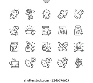 Ginseng. Cooking, recipes and price. Nature vegetable organic food nutrition. Food shop, supermarket. Menu for cafe. Pixel Perfect Vector Thin Line Icons. Simple Minimal Pictogram