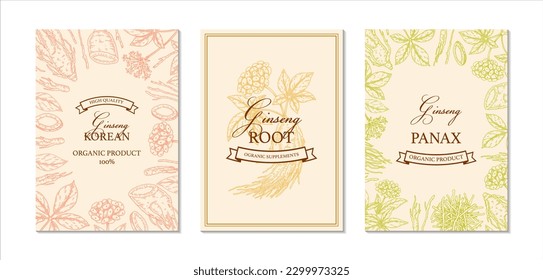 Ginseng design. Hand drawn botanical vector illustration in sketch style. Can be used for packaging, label, badge, logo. Herbal medicine background
