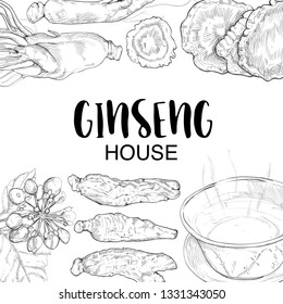 ginseng frame. Hand drawn vector illustrations. ginseng house concept.
