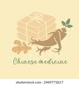 Ginseng, jengibre, bolsas de medicinas. Un símbolo vintage de la medicina tradicional china. Ilustración vectorial