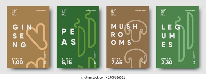 Ginseng, Peas, Mushrooms, Legumes. Price tag, label or poster. Set of posters, vegetables and herbs in a minimalist design. Flat vector illustration. 