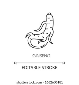 Ginseng pixel perfect linear icon. Herbal root. Healing component for acne. Chinese treatment. Thin line customizable illustration. Contour symbol. Vector isolated outline drawing. Editable stroke