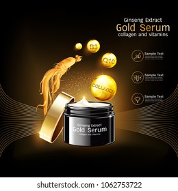 Ginseng Premium Serum Collagen and Vitamin Vector for Skin Care Cosmetic Products.