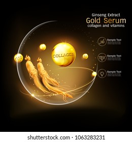 Ginseng Premium Serum Collagen and Vitamin Vector for Skin Care Cosmetic Products.