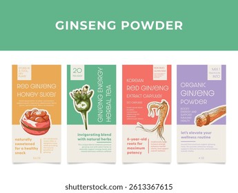 Ginseng product labels featuring various forms like powder, capsules, and herbal tea for health and wellness