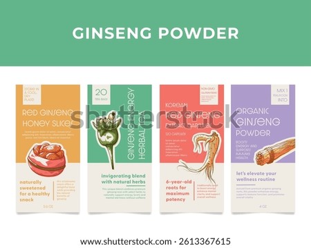 Ginseng product labels featuring various forms like powder, capsules, and herbal tea for health and wellness