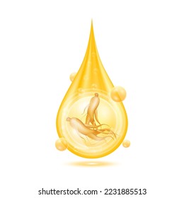 Ginseng root in golden water drop and Vitamins collagen serum orange shining with oxygen bubbles. Isolated on white background. Premium grade health food supplement. 3D Realistic vector Eps10.