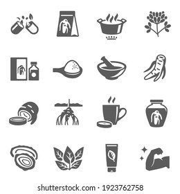 Ginseng root, ingredient, recipe bold black silhouette icons set isolated on white. Tea, powder, cream pictograms collection, logo. Dietary supplements, therapy vector elements for infographic, web.