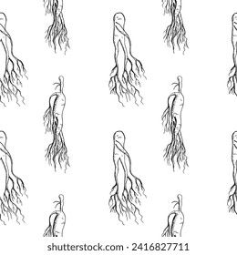 Ginseng root medicinal plant seamless pattern hand drawn sketch repeating background with engraved roots vector illustration.Botanical East herb Ingredient design for food, tea alternative, medicine 