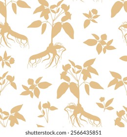 Ginseng root silhouette seamless pattern. Chinese medicinal plant design for textile, fabric, wrapping paper