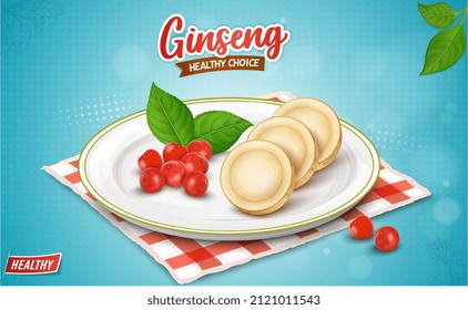 Ginseng root slices vector illustration with ginseng berries on blue background