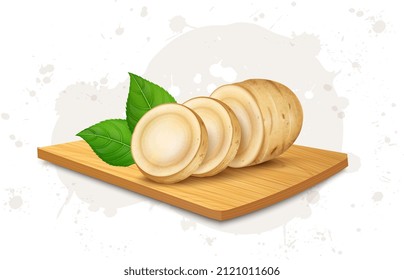 Ginseng root slices vector illustration on wooden chopping board 