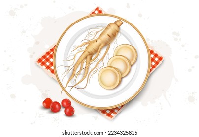 Ginseng Root with ginseng slices vector illustration from the top view