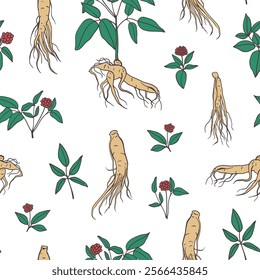 Ginseng root with steam, leaves and berries seamless pattern. Chinese medicinal plant design for textile, fabric, wrapping paper