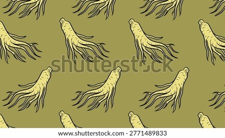 Ginseng Seamless Pattern. Handdrawn Root Illustration. Herbal Botanical Background. for Packaging Textile Design