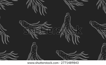 Ginseng Seamless Pattern. Handdrawn Root Illustration. Herbal Botanical Background. for Packaging Textile Design