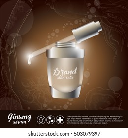 ginseng serum and ginseng background cosmetic skin care concept.