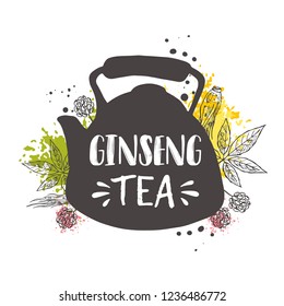 Ginseng tea concept design. Kettle. Hand drawn vector illustration. Can be used for cafe, market, menu, shop, bar, restaurant, poster, label, sticker, logo.