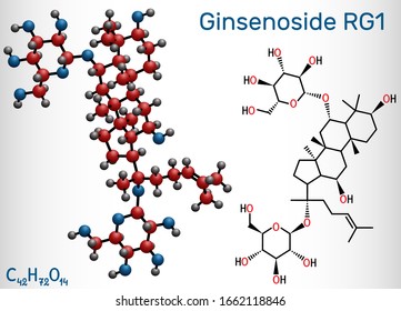 Ginsenoside Rg1 molecule. It is one of the major active components of ginseng, ameliorates cigarette smoke-induced airway fibrosis. Structural chemical formula and molecule model. Vector illustration