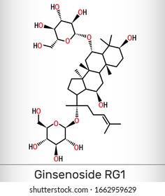 Ginsenoside Rg1 molecule. It is one of the major active components of ginseng, ameliorates cigarette smoke-induced airway fibrosis. Vector illustration