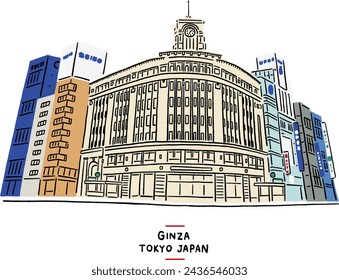 Ginza Tokyo shopping district  Department stores Street Landmark Japan Hand drawn sketch colour illustration