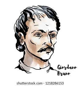 Giordano Bruno watercolor vector portrait with ink contours. Italian Dominican friar, philosopher, mathematician, poet, and cosmological theorist.