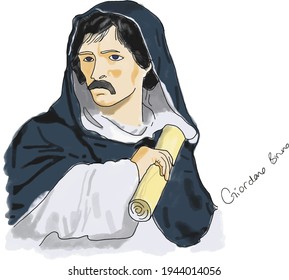 Giordano Bruno watercolor vector portrait with ink contours. Italian Dominican friar, philosopher, mathematician, poet, and cosmological theories.