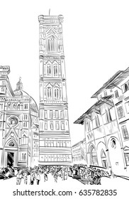 Giotto's bell tower in Florence. Italy.  Hand drawn city sketch. Vector illustration.