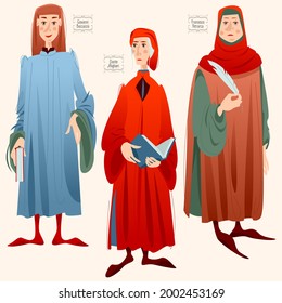 Giovanni Boccaccio, Dante Alighieri, Francesco Petrarca. Famous italian writers. Vector illustration