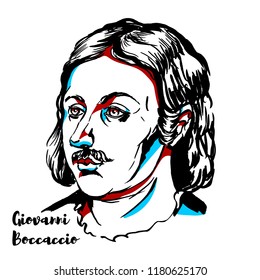 Giovanni Boccaccio engraved vector portrait with ink contours. Italian writer, poet, correspondent of Petrarch, and an important Renaissance humanist.