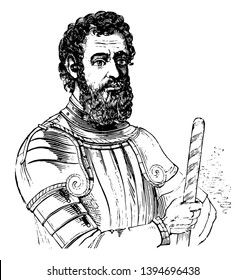 Giovanni da Verrazzano 1485 to 1528 he was an Italian explorer of North America vintage line drawing or engraving illustration
