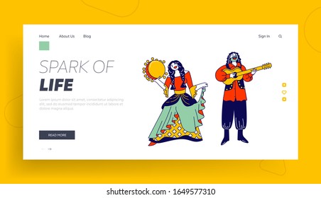 Gipsy Culture, Fair Holiday Entertainment Website Landing Page. Gypsy Couple Dressed in Ethnic Wear Dancing and Playing Guitar and Tambourine Web Page Banner. Cartoon Flat Vector Illustration Line Art