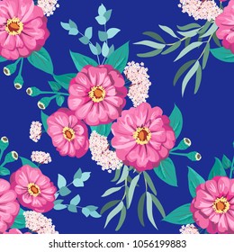 Gipsy seamless pattern, floral watercolor design: garden zinnia flower, silver eucalyptus branch, green thyme, greenery leaves, butomus. Millefleurs background print for textile, wallpaper, covers, su