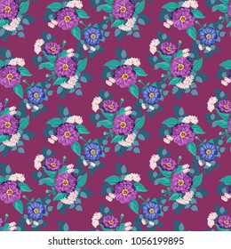 Gipsy seamless pattern, floral watercolor design: garden zinnia flower, silver eucalyptus branch, green thyme, greenery leaves, butomus. Millefleurs background print for textile, wallpaper, covers